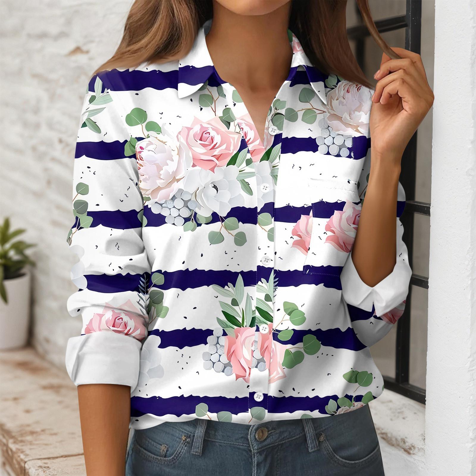 

Women s Button Down Prints Shirt Long Sleeve Shirt Business Work Tops Casual With Pockets Jacket XL білий