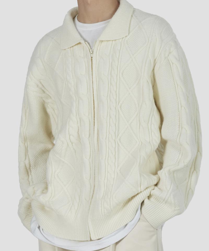 GLW Collared Cable Knit Zip-Up Ivory