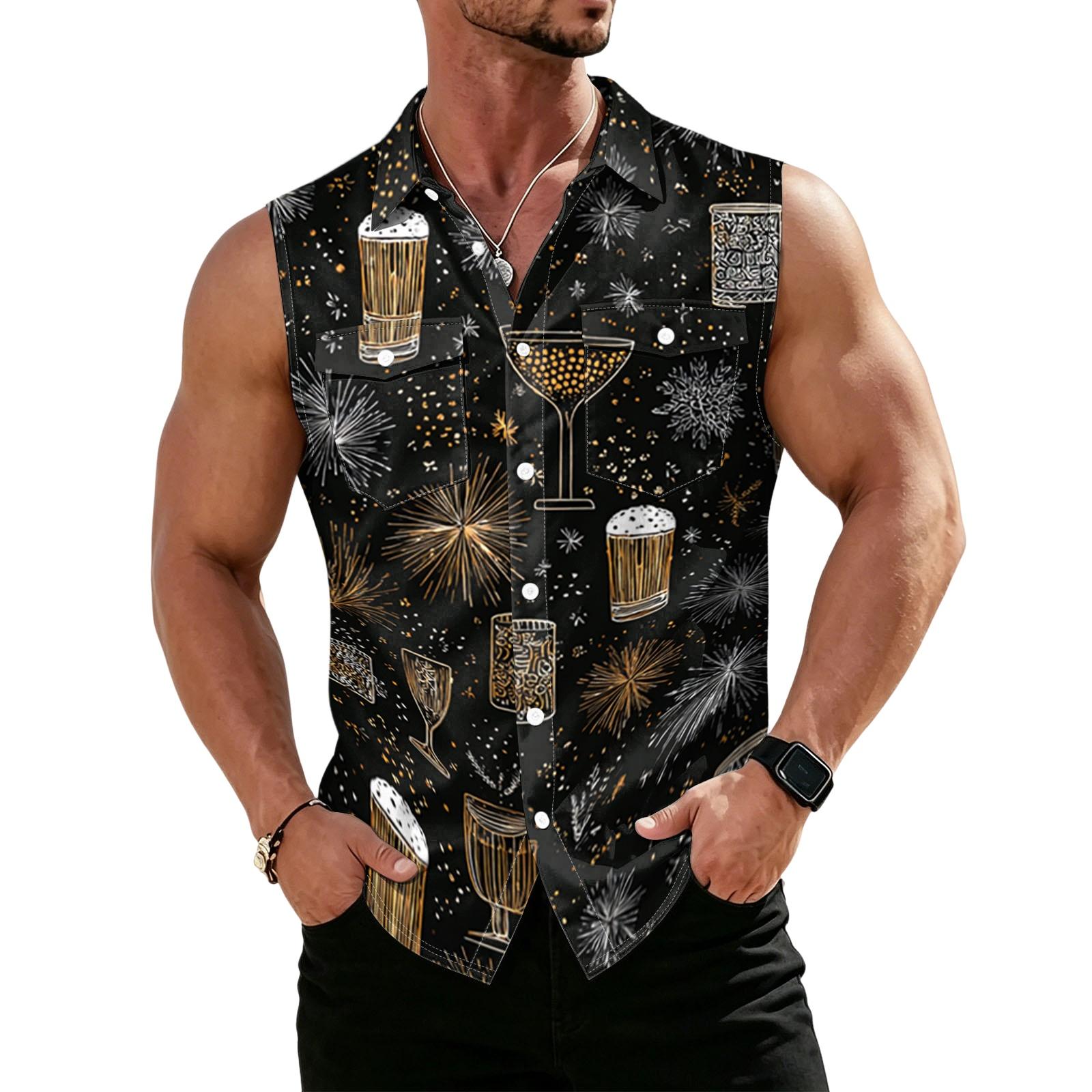 Men s Sleeveless Button Down Shirt Casual Summer Tank Top with Beer Festival Print Lightweight Breathable Fabric for Outdoor Activities M чёрный