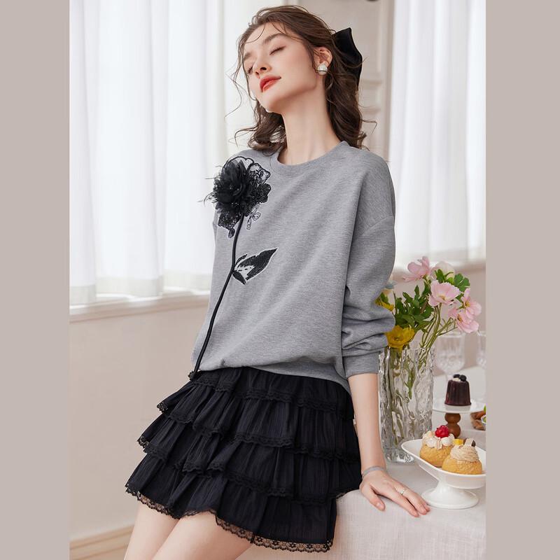 Bailuyu Women's 3D Floral Embellished Contrast Sweatshirt