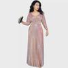 Moda Inverno 2025 Abito da Donna Plissettato con Stampa Oro Maniche Lunghe Gonna Ampia con Cintura Rosa Brillante