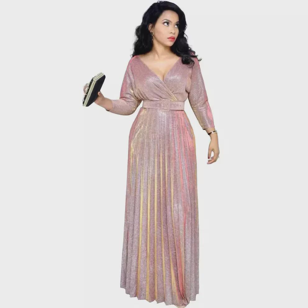 Moda Inverno 2025 Abito da Donna Plissettato con Stampa Oro Maniche Lunghe Gonna Ampia con Cintura Rosa Brillante