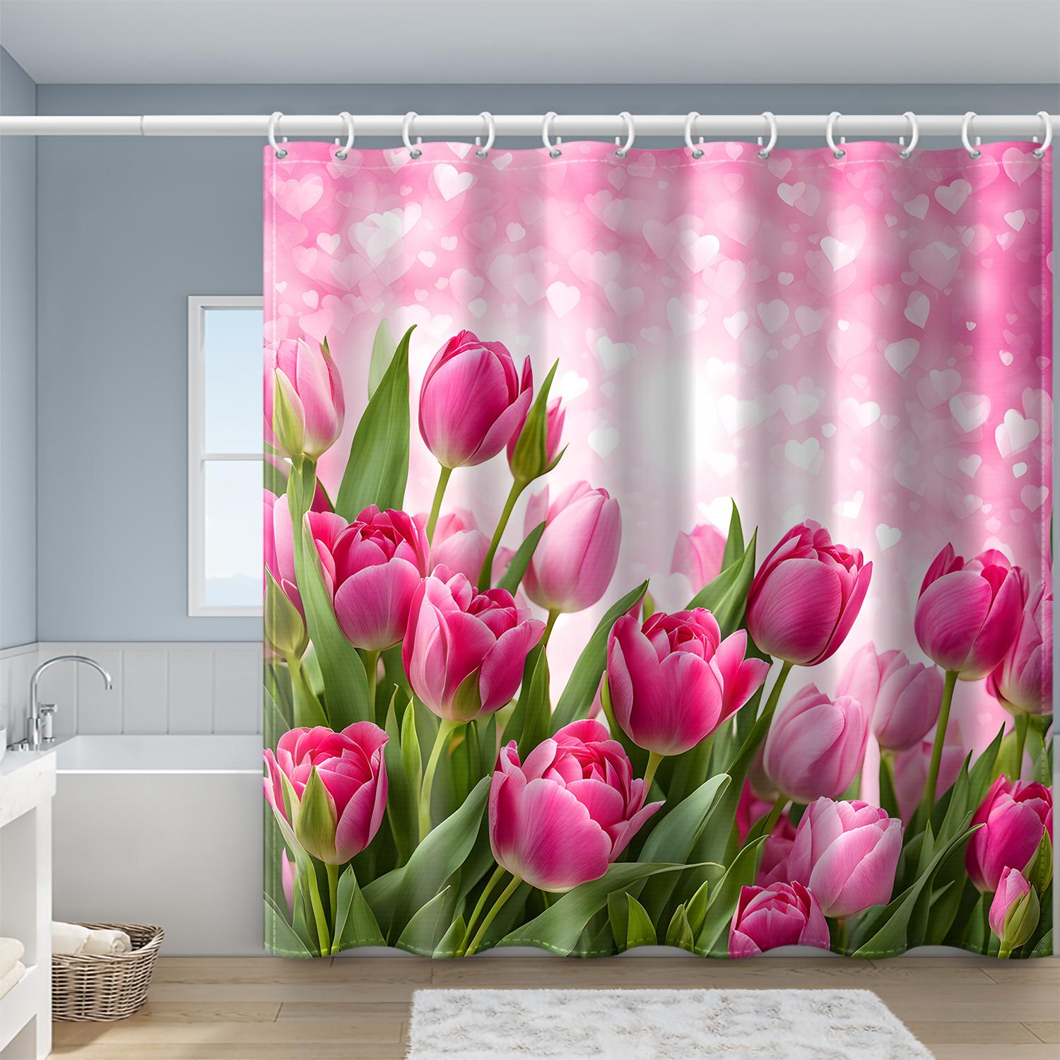 1pc Romantic Heart-Themed Tulip Shower Curtain with Hooks - Vibrant Pink and Red Tulips Design Bathroom Decor Shower Curtain 90X180CM