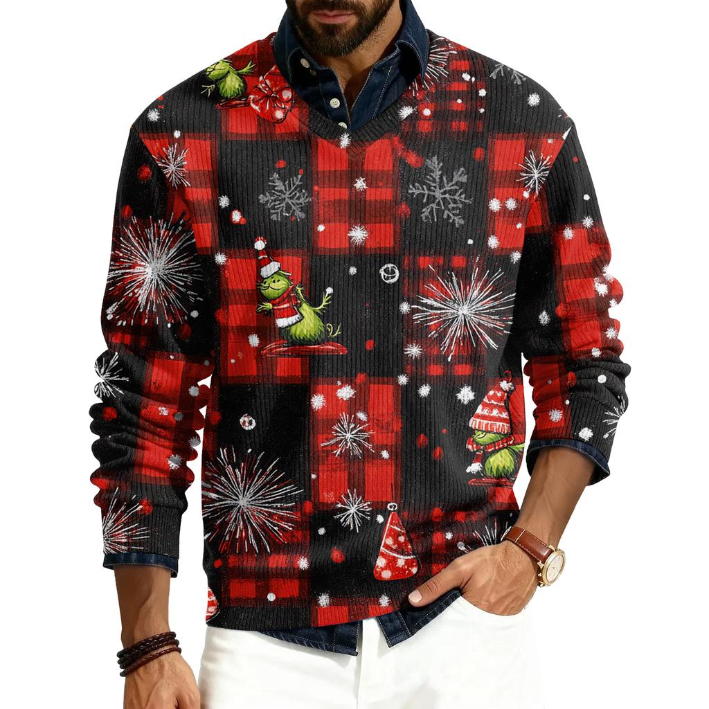 Men's V-neck Long Sleeve Ribbed Knit Pullover