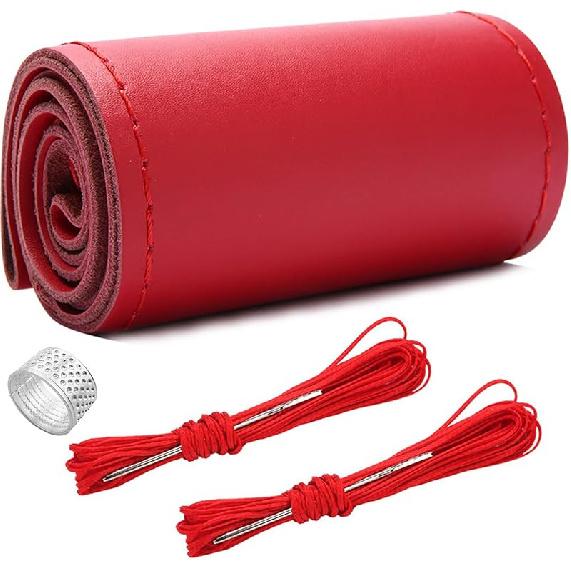 Ziciner Genuine Leather Steering Wheel Cover, Stitch On Wrap, Breathable Anti-Slip Car Steering Wheel Protector For Max Diameter 15 Inch, DIY Sewing