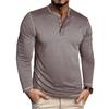 Men Henley Collar Contrast Stitching Long Sleeve Solid Color Slim Casual Button T Shirt