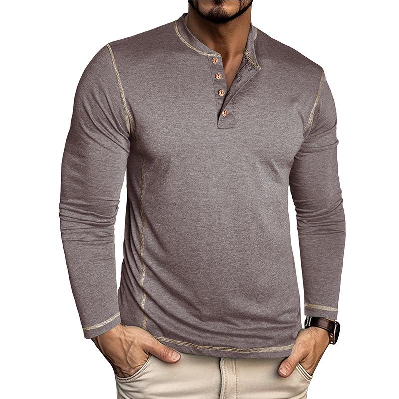 Men Henley Collar Contrast Stitching Long Sleeve Solid Color Slim Casual Button T Shirt