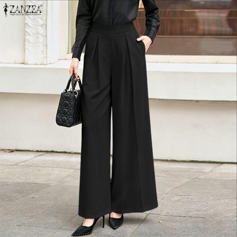 ZANZEA Pantaloni lunghi larghi larghi in vita elastica casual da donna