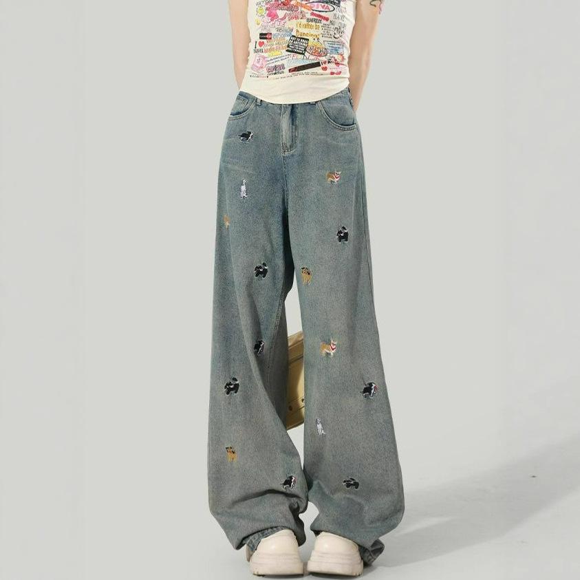Fashionable Comfortable Fun Puppy Embroidery Jeans Female Retro Autumn Straight Loose High Waist Wide-leg Trousers Jeans for Women Long Denim Pants