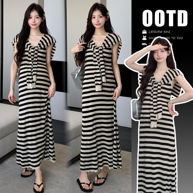 2026 Stylish Maternity Slimming Striped Dress with Shawl M