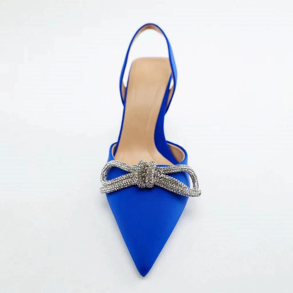 Women Blue Slingback Pumps High Heels Crystal Bowknot Party Dress Shoes Woman Sexy Pointed Toe Stiletto Heel Sandals Summer 2025