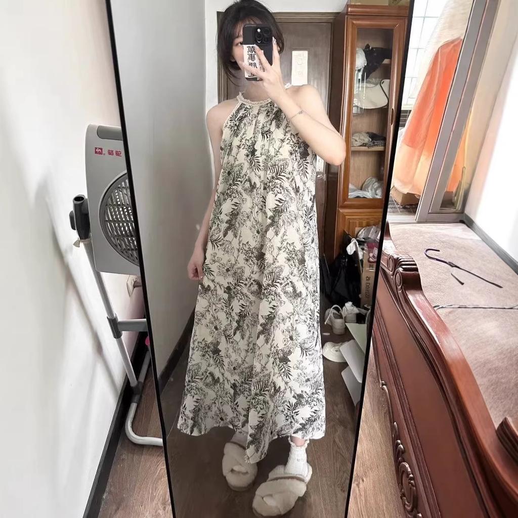 New Chinese style ink tie-dye suspender dress women's summer loose and thin small long dress off-the-shoulder a-word skirt