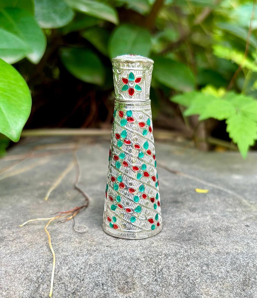999 Silver Handmade Dry Kajal Box, Surma Kumkum Sindoor Container, Sindur dani dibbi, Elongated Enamelled, 6 cm length, Temple Pooja