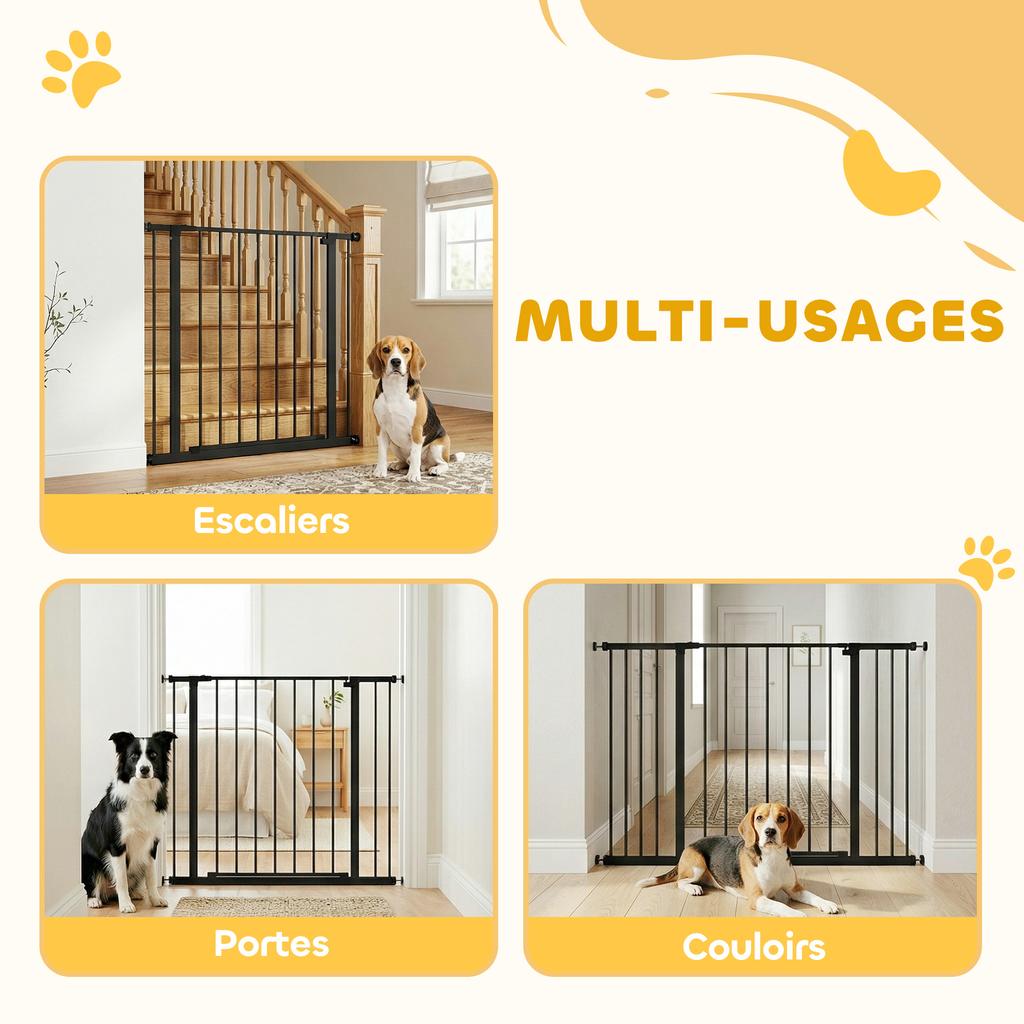 Dog safety gate adjustable length dim. 76-107W x 76H cm no drilling steel black