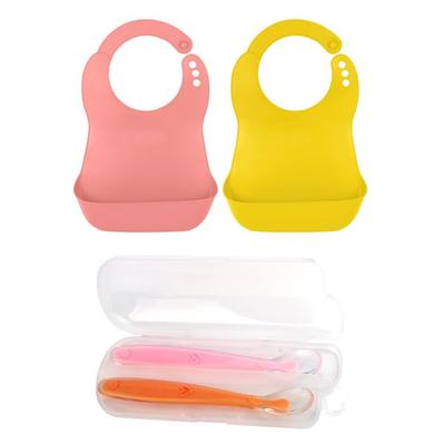 Beberac Soft Baby Food Bib 2p + Silicone Feeding Spoon 2p, Bib (peach Pink, Mustard), Spoon (pink, Orange), 2 Pieces