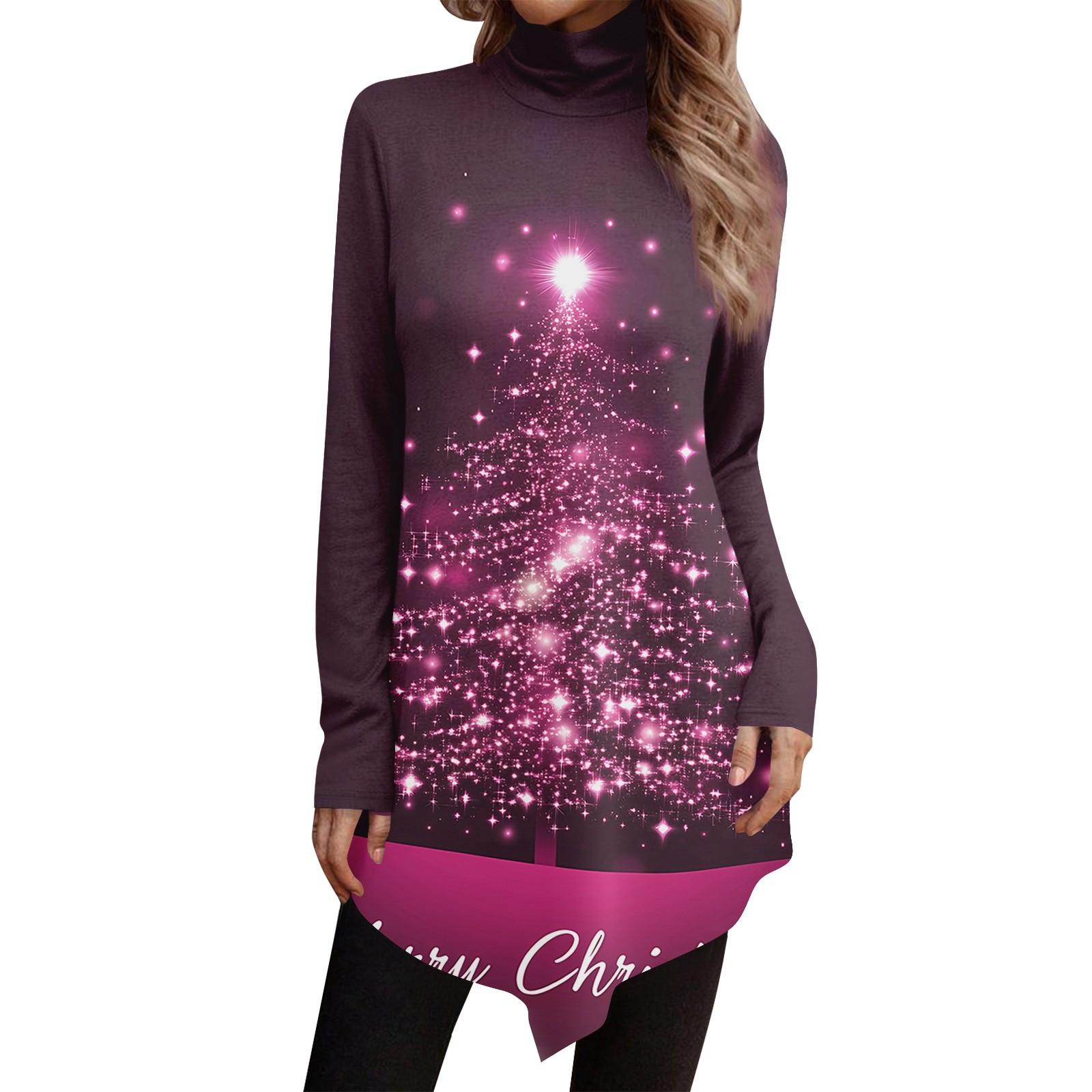 Повседневная мода Рождественский принт Рубашка Топы Высокий ворот Неровный подол Длинный — фото 8