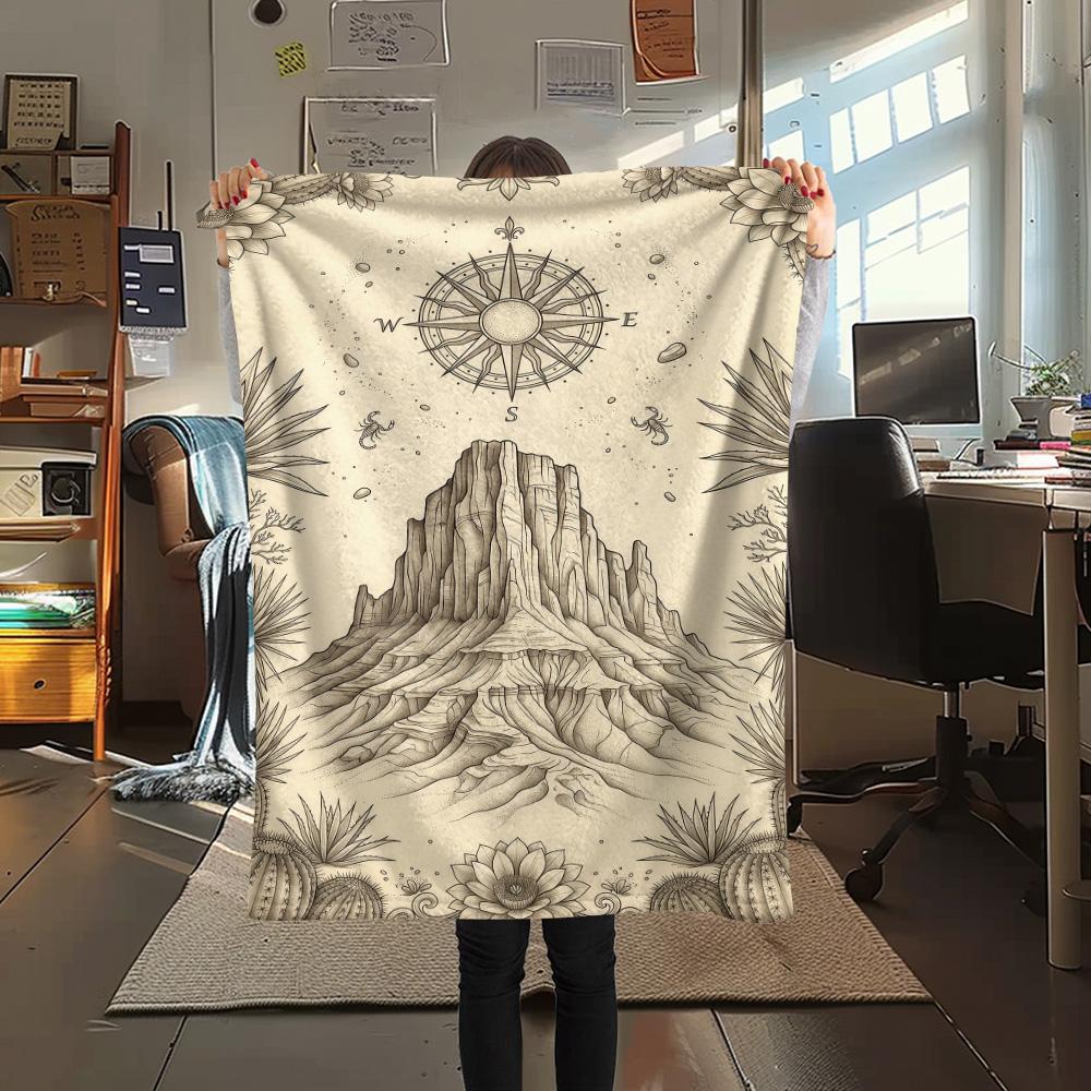 1PC Desert Mountain Print FlAannel Blanket, High Quality Comfortable for All Seasons, Home Decor, Warmth and Comfort