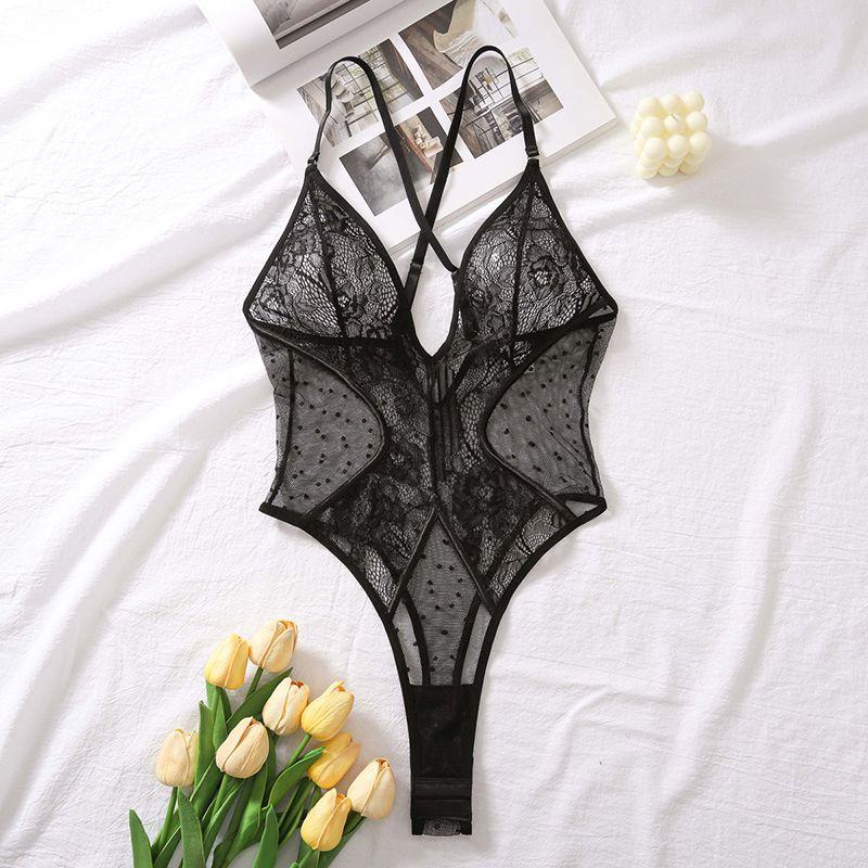 

New Arrival European and American Sexy Mesh Cross Shoulder Strap See-through Lace Polka Dot Jumpsuit Women with Snap Button Base Clothing Black S