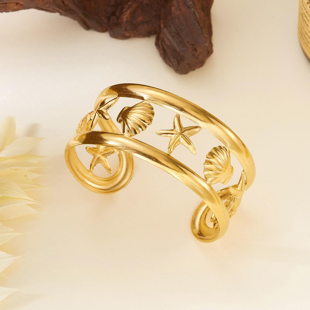 Stainless Steel Vintage Exaggerated Wide Cuff Bangle for Women Gold Color Starfish Shell Geometric Bracelet Beach Party Jewelry