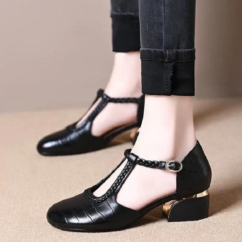 zapatos de mujer women cute round toe black hollow out spring comfort square heel shoes lady casual work shoes ab617