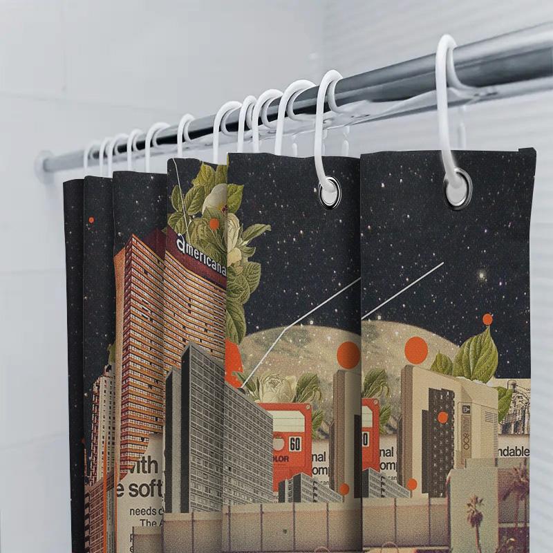 Vintage Hollywood Cityscape Shower Curtain Abstract Film Noir Theater Backdrop Washable Decor