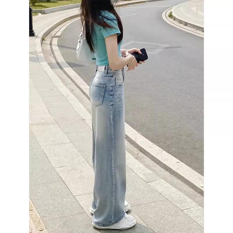 Women's High Waist Wide-Leg Jeans - Slimming Pear Shape, Plus Size, Floor-Length Drape, Spring/Autumn Style.