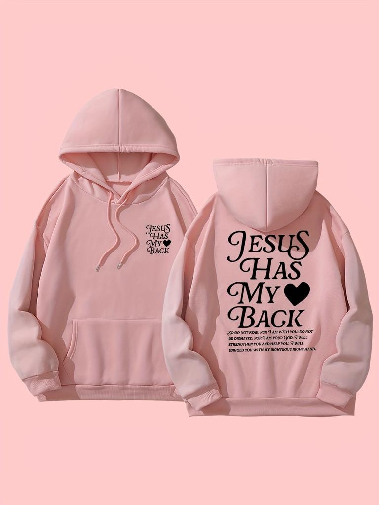 Long Sleeve Women's Hooded Sweatshirt Jesus Has My Back Lettering Print Casual Pullover with Pocket Fashionable All-Season Top