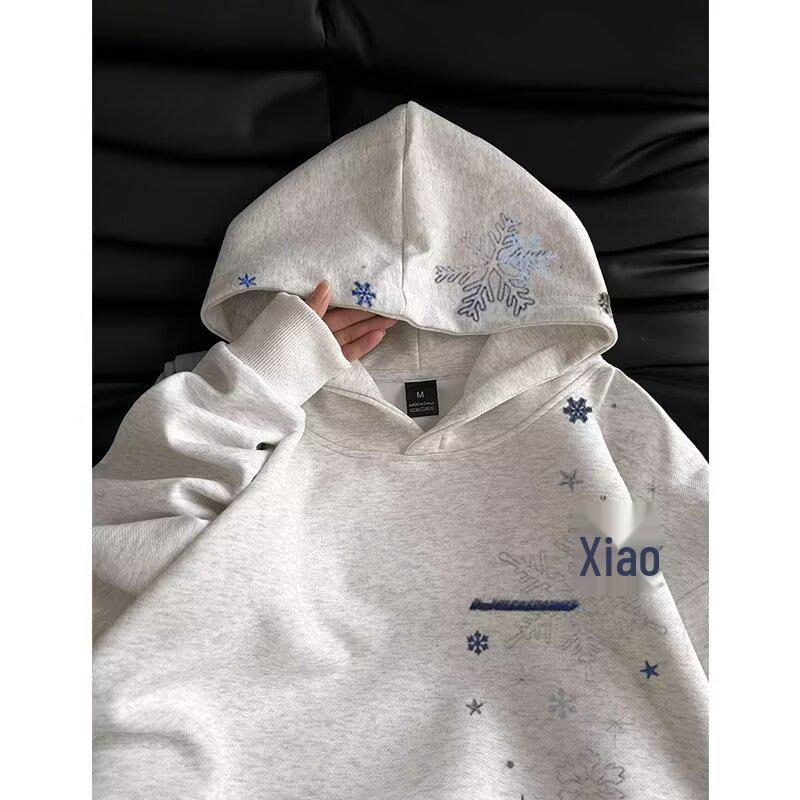 Unisex Snowflake Embroidery Hoodie: Autumn/Winter American Street Style Loose Fit Pullover 2XL
