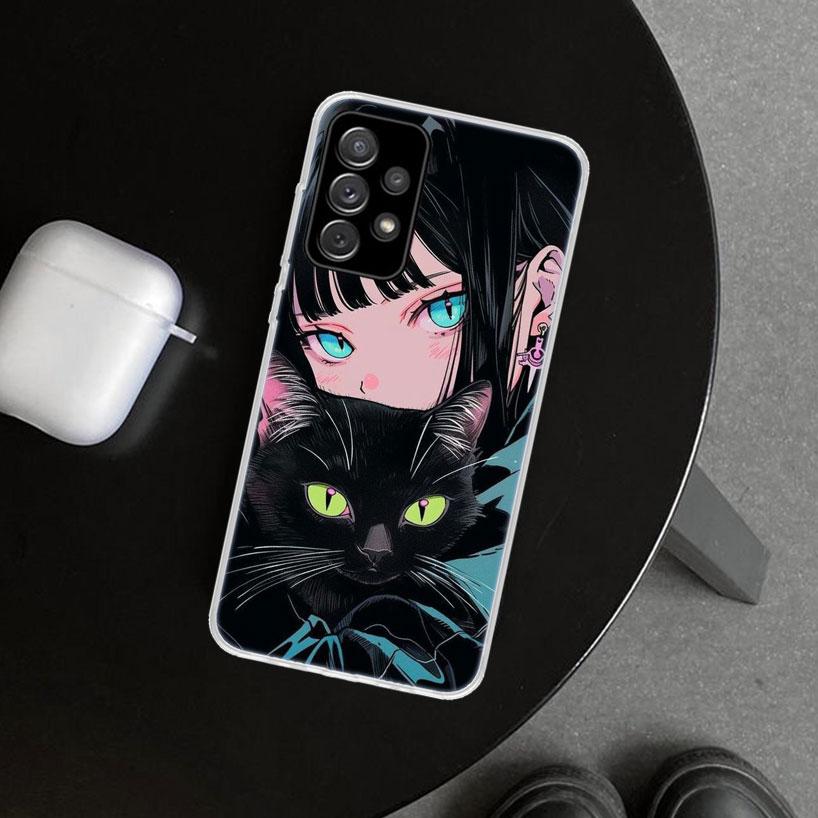 Anime Girls Cute Black Cat Phone Case Cover for Samsung Galaxy A12 A22 A32 A52 A72 A02S A51 A50S A31 A20S A10S Note 20 Ultra 10