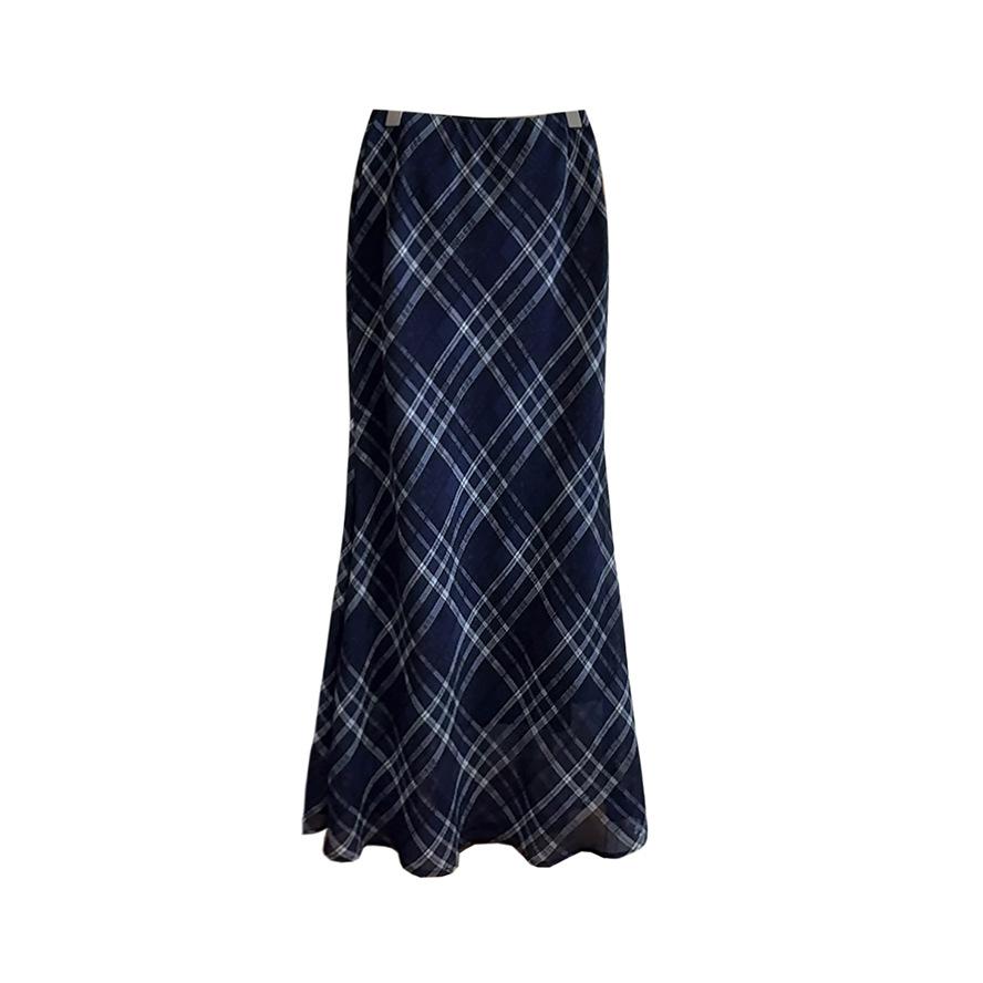 Women's Vintage Aesthetic Blue Lightweight Sheer Checkered Long Skirt Flared Hem Summer Slim Fit Plaid Dress
