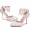 Fashion White Lace Flower Wedding Shoes With Matching Bags High Heels Pointed Toe Ankle Strap Ladies Party Shoe And Bag Set Pearl Shoe