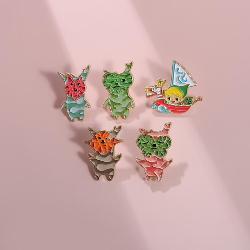 Cartoon Game Elf Enamel Pins Custom Leaf Spliced Fox Octopus Brooches Lapel Badges Animal Plant Jewelry Gift for Friends