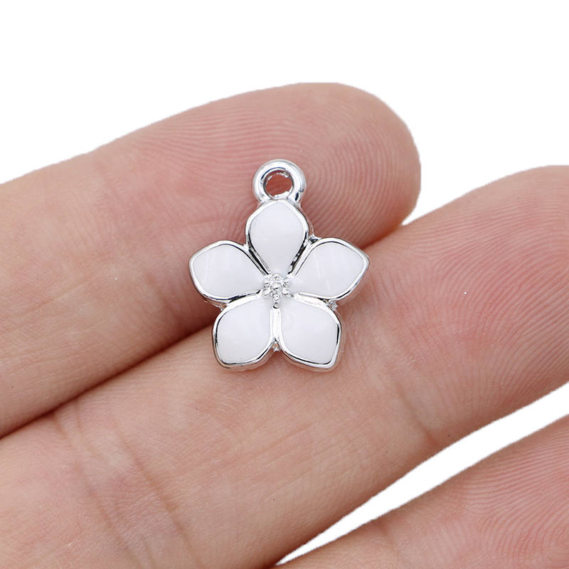 10Pcs Silver Plated Red Enamel Sakura Flower Charm Pendant For Jewelry Making Bracelet Earrings Necklace Diy Accessories Craft