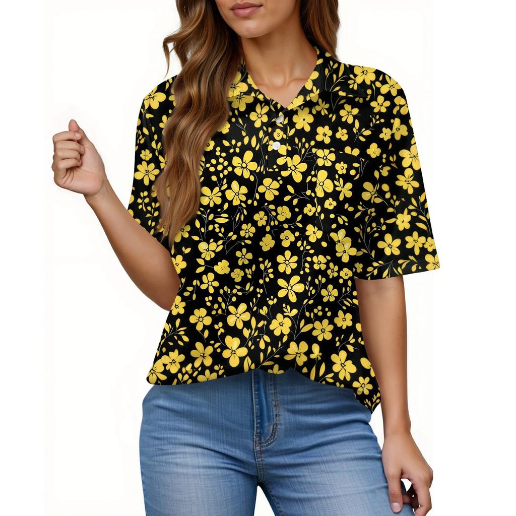 Women's Fashion Casual Button Pocket Shirt Short Sleeve Print Lapel Top