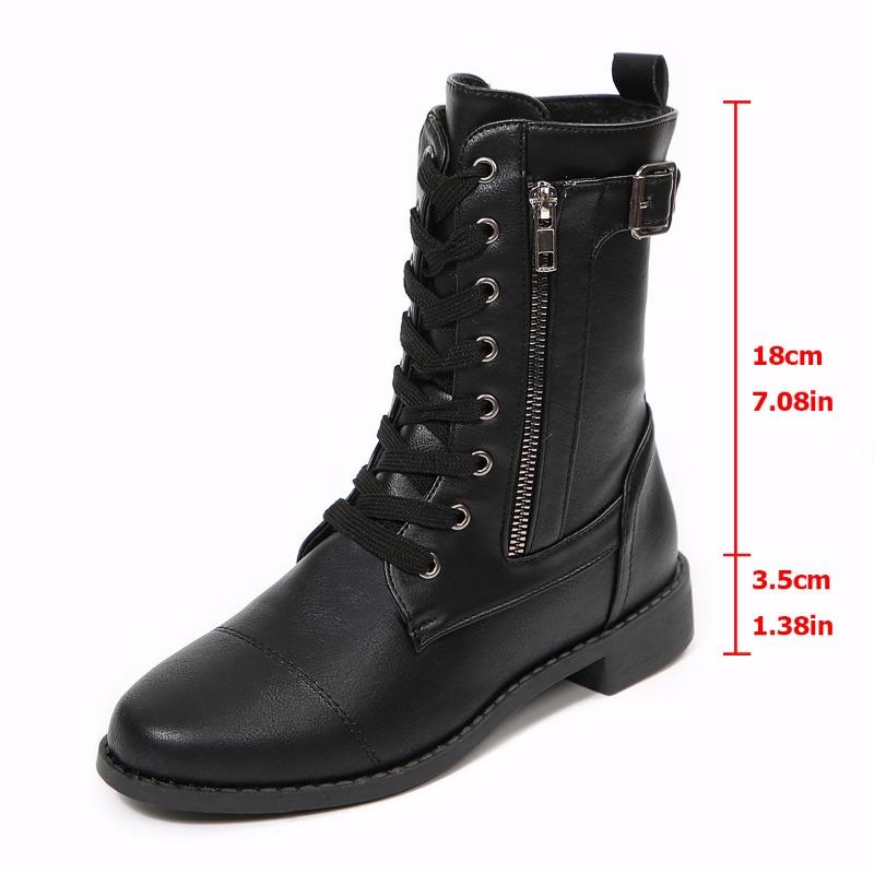 Medium women's boots autumn and winter new round head fashion belt buckle solid color side zipper Martin boots