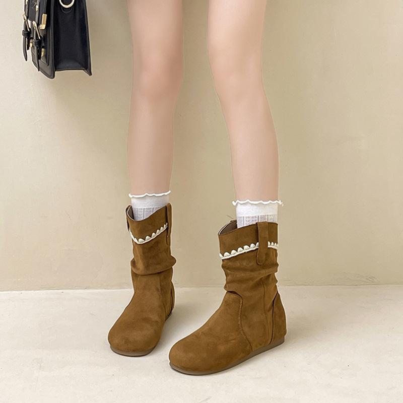 French Design Ruffle Edge Suede Round Head Pleated Piled Boots Women's Autumn and Winter Fashion Retro Foreign Style Flat Bottom Martin Boots
