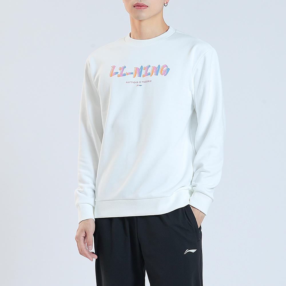 Li Ning Plain Round Neck Logo Casual Knitted Sports Sweatshirt Without Hood Fleece Long Sleeve Unisex sweatshirt White AWDTE03-2