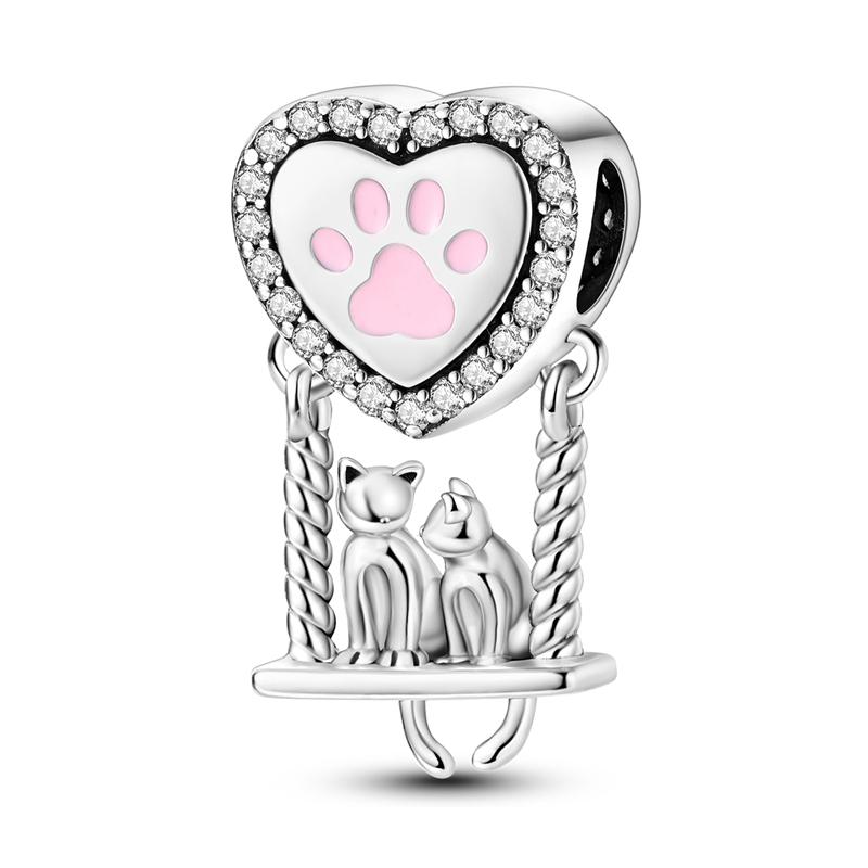 925 Silver Charms Bead Pendant Fit Bracelet Bangle Heart-shaped Cat Paw Charm For Women DIY Party Jewelry Gift