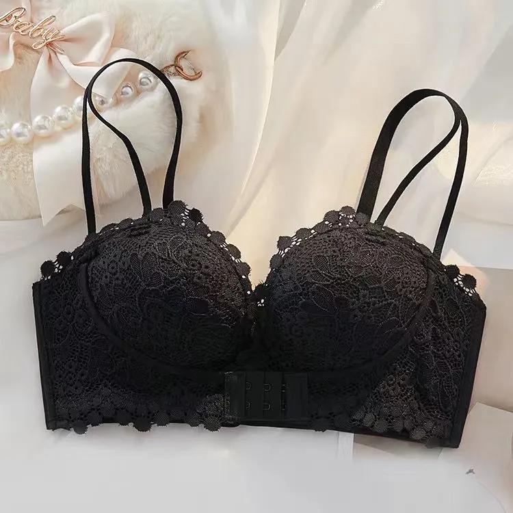 

Сексуальный кружевной бюстгальтер с красивой спинкой, женский бюстгальтер с пуговицами спереди, беспроводной, с бретельками, верхний бюстгальтер 38/85 чёрный