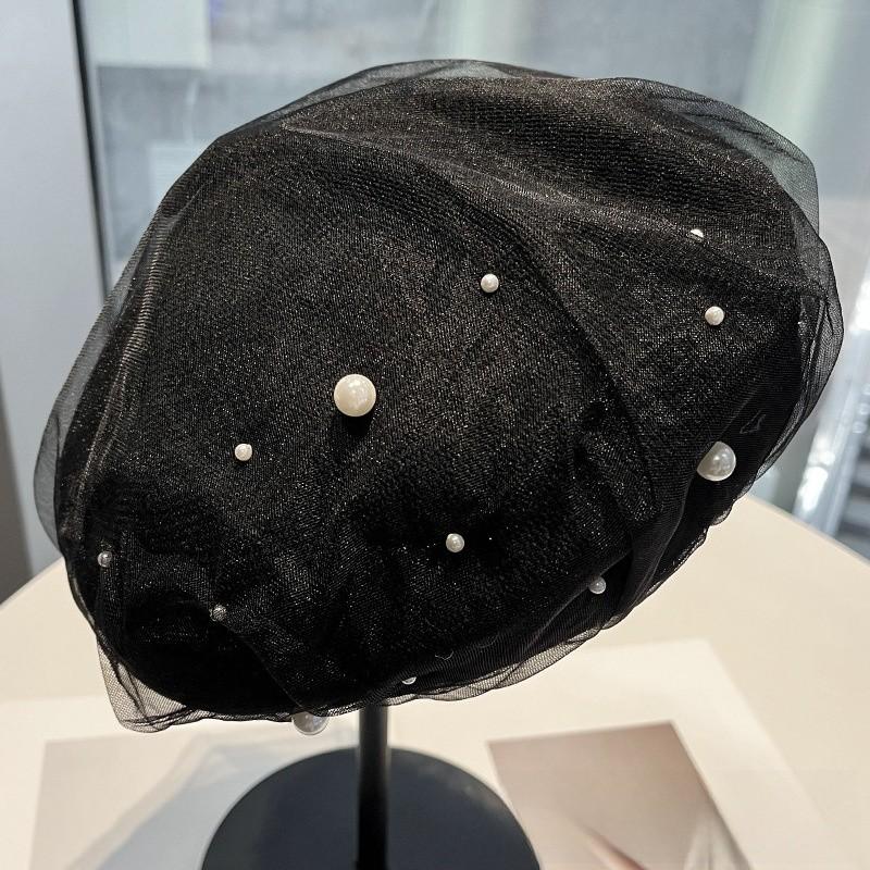 Lady Ballet Beret Hat With Pearl Mesh Embellishment For Casual Summer And Spring Wear