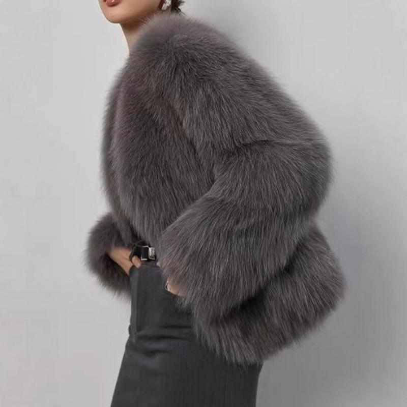Fur V-neck faux fur jacket short fashion fox fur jacket fluffy plush women's clothing