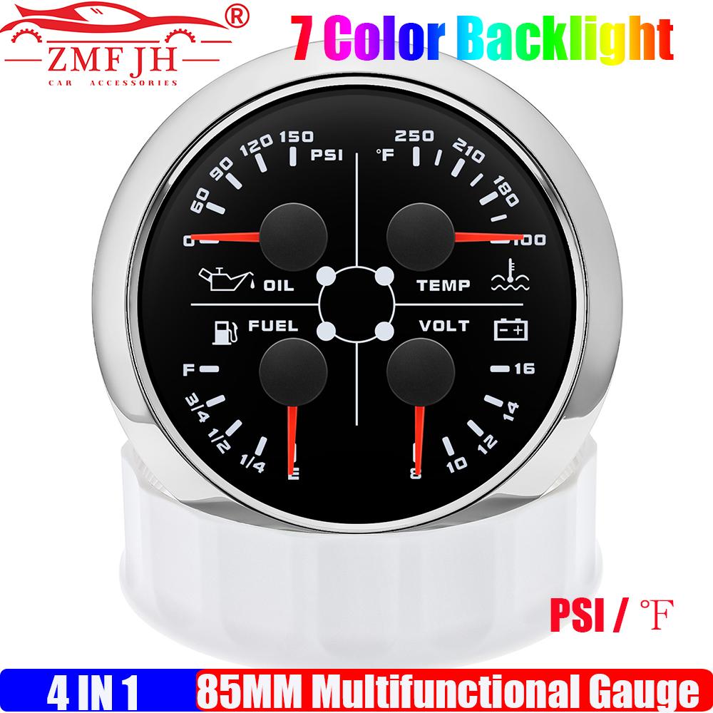 ZMFJH Auto Car Boat 4IN1 Multi-Meter 7 Color 85MM Oil Pressure+Water Temperature+Fuel Level Gauge+Voltage with Flash Alarm 12V