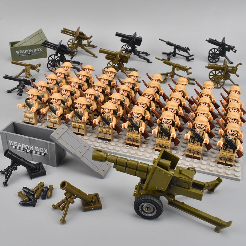 40pcs WW2 Military Figures Building Blocks Army Soldier Battlefield Machine Gun Weapons Bricks Kids Toy