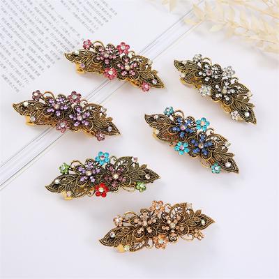 Korean Fashion Retro Colorful Rhinestone Hairpin Elegant Ladies Bronze Metal Flower Plate Hair Top Clip Headband Hair Accessory