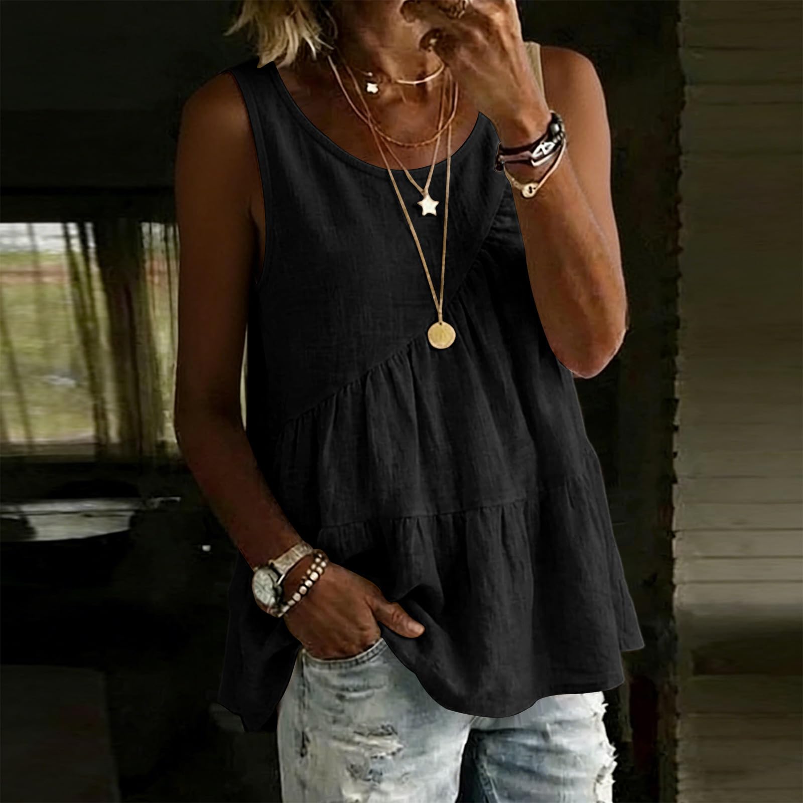 

Women s Fashion Loose-Fit -Color Casual Top L чёрный