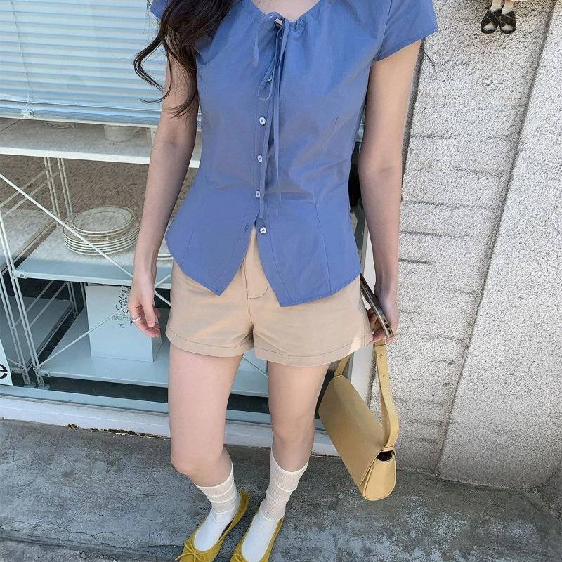 Ladies' Blue Shirt Female Bow Tie Waist Cinching Short Sleeved Blouse Summer New Korean Version Slimming Versatile Top