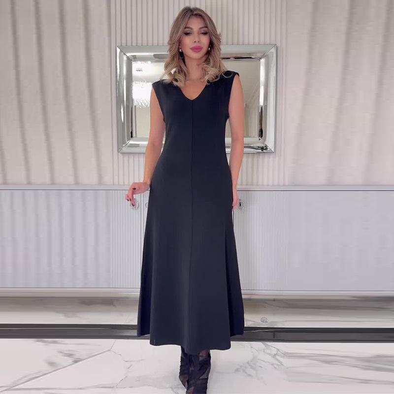 2024 European & American Women's Solid V-Neck Sleeveless Long Dress - Simple & Comfortable