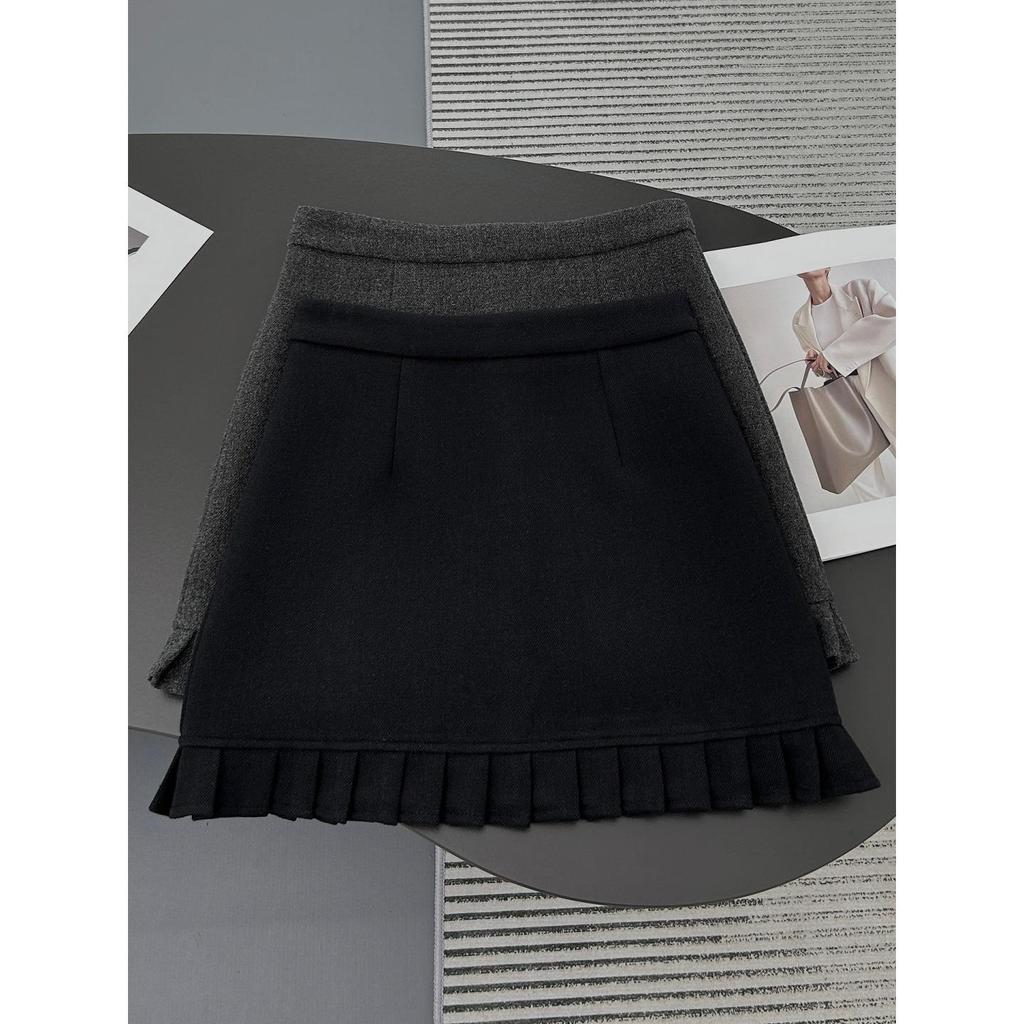 Plus Size Gray Wool Pleated Lace Skirt with Ruffle Hem - High Waist Bodycon for Autumn/Winter