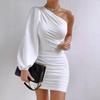 Summer Women's Irregular Pleated Milk Silk Jumpsuit with Hip-covering Skirt and Slanted Shoulder Design