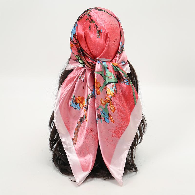 

Fashion Silk Square Scarf for Women Hair Band Soft Neckerchief Vintage Hijab Flower Print Headscarf Female Pashmina Bandana 90x90cm